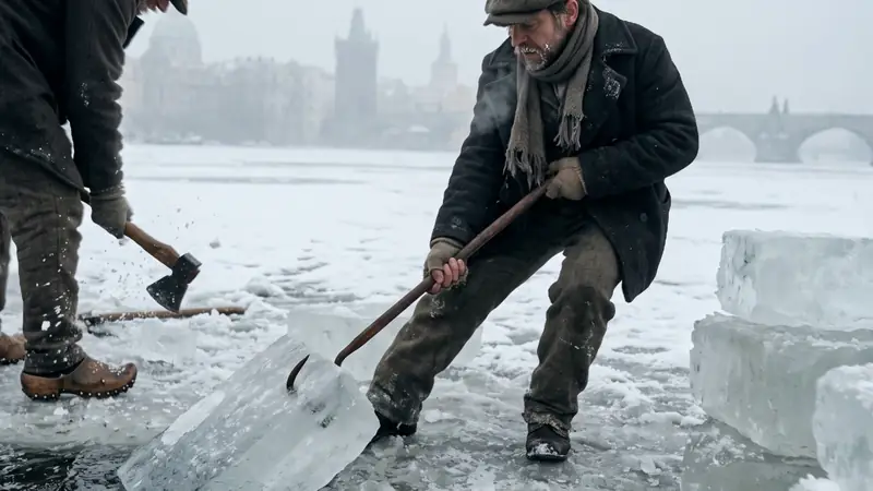 AI image: an ice man on a frozen river hauling a block of ice with a long iron hook, Charles Bridge in the mist behind