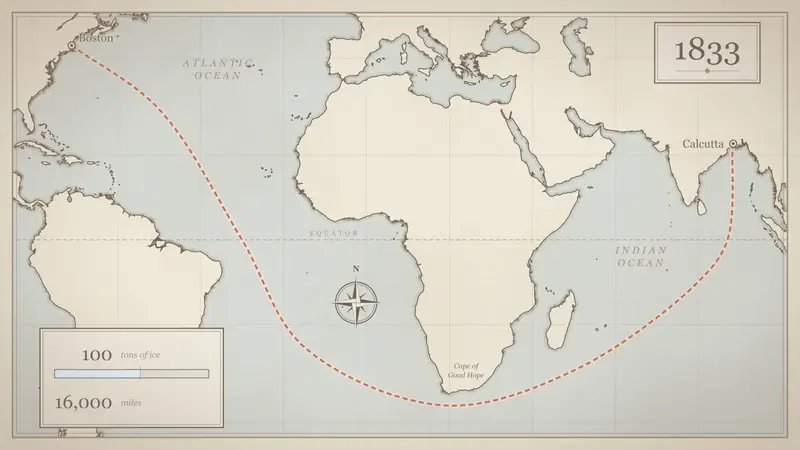 Antique-style map of the 1833 voyage from Boston around Africa to Calcutta, with counters for 100 tons and 16,000 miles