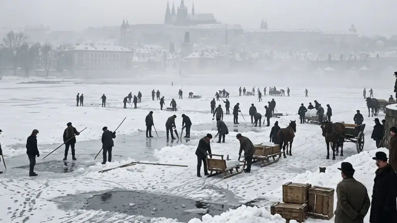 AI image: ice cutters with horses on a frozen river below Prague Castle in winter mist