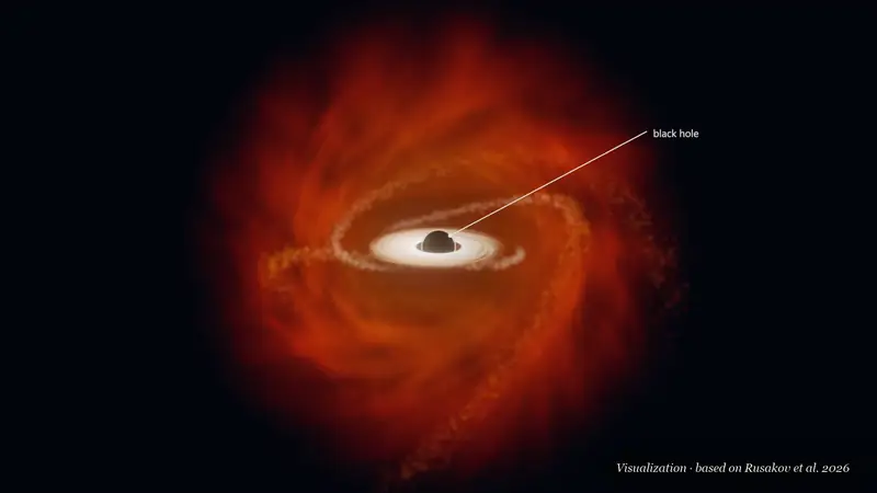 3D visualization of a small black hole with a bright disk inside a cloud of glowing orange gas