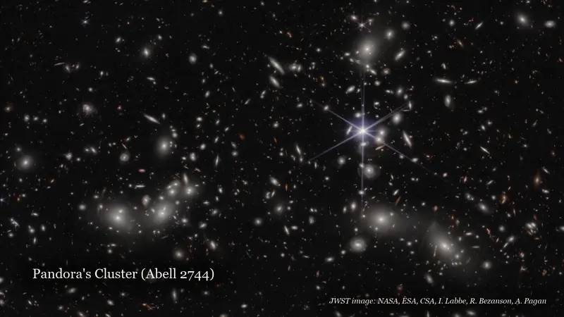 JWST deep field of Pandora's Cluster, thousands of galaxies, with the film's lower third